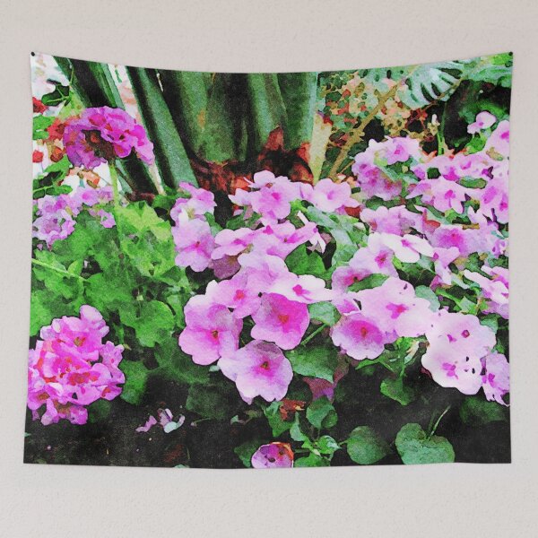 Item preview, Vibrant watercolor painting of impatiens flowers in lush green garden designed and sold by GestaltImagery.