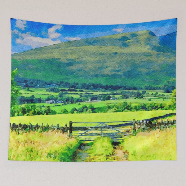 Item preview, Serene watercolor painting of Lake District countryside in England with lush greenery designed and sold by GestaltImagery.
