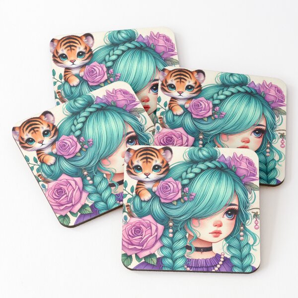 Item preview, Girl with Turquoise Hair and Tiger Cub designed and sold by LoveingShop.