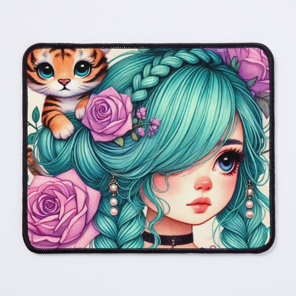 Item preview, Girl with Turquoise Hair and Tiger Cub designed and sold by LoveingShop.