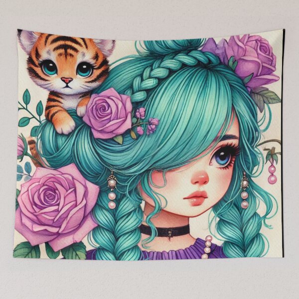 Item preview, Girl with Turquoise Hair and Tiger Cub designed and sold by LoveingShop.