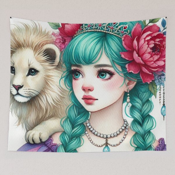 Item preview, Girl with Turquoise Hair and Tiger Cub designed and sold by LoveingShop.