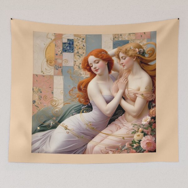 Item preview, Beautiful painting of two  Art Nouveau Renaissance Impressionistic women together after Gustav Klimt designed and sold by Vintage Designs +.