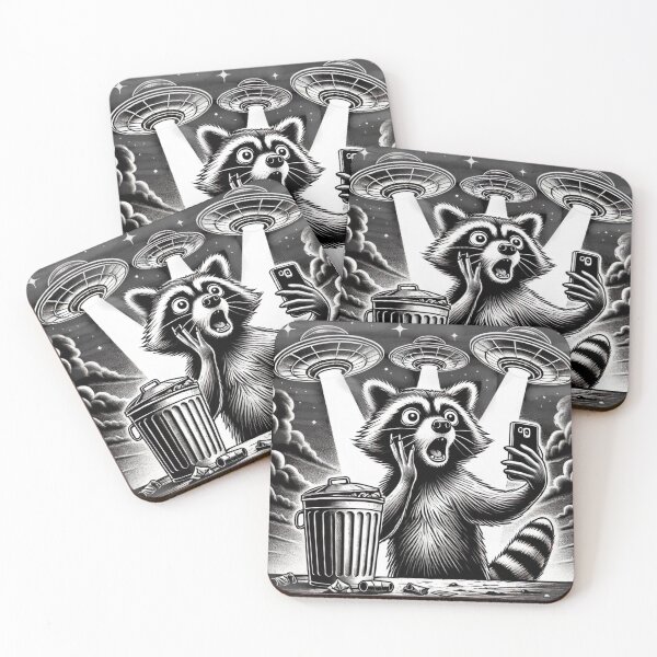 Item preview, Raccoon Taking a Selfie With UFOs in Black And White Comic Style designed and sold by love3617.