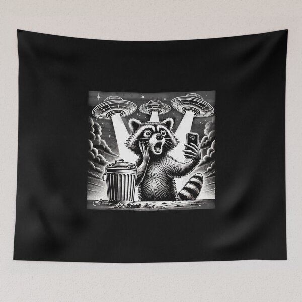 Item preview, Raccoon Taking a Selfie With UFOs in Black And White Comic Style designed and sold by love3617.