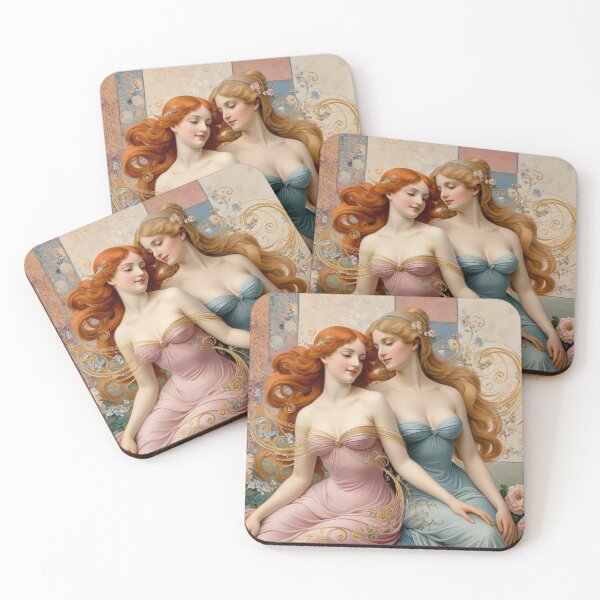 Item preview, Beautiful painting of two  Art Nouveau Renaissance Impressionistic women together after Gustav Klimt designed and sold by Vintage Designs +.