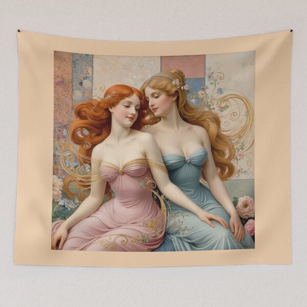 Item preview, Beautiful painting of two  Art Nouveau Renaissance Impressionistic women together after Gustav Klimt designed and sold by Vintage Designs +.