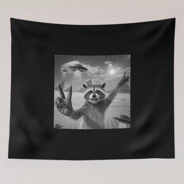 Item preview, Raccoon Taking a Selfie with UFOs and Pyramids - Funny Alien Art designed and sold by love3617.