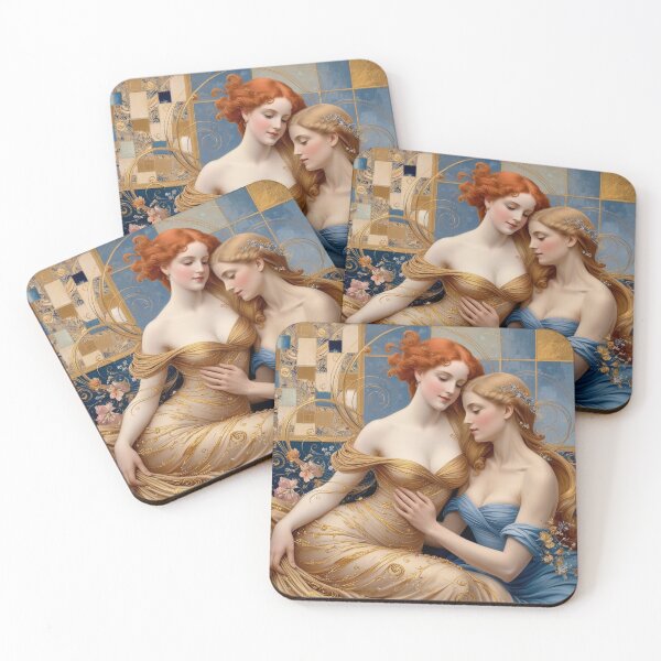 Item preview, Beautiful painting of two  Art Nouveau Renaissance Impressionistic women together after Gustav Klimt designed and sold by Vintage Designs +.