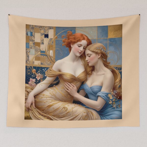 Item preview, Beautiful painting of two  Art Nouveau Renaissance Impressionistic women together after Gustav Klimt designed and sold by Vintage Designs +.