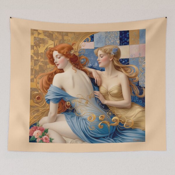 Item preview,  Beautiful painting of two  Art Nouveau Renaissance Impressionistic women together after Gustav Klimt designed and sold by Vintage Designs +.