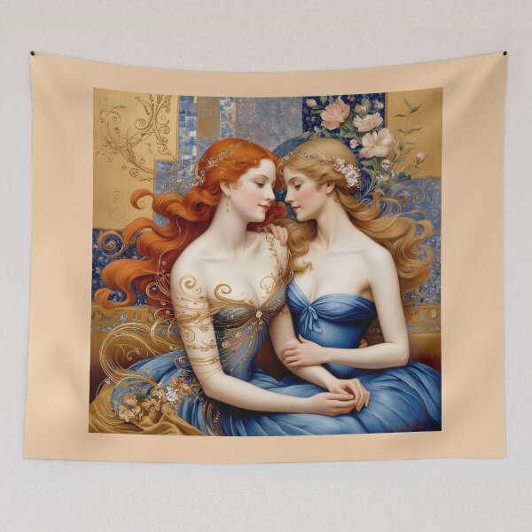 Item preview,  Beautiful painting of two  Art Nouveau Renaissance Impressionistic women together after Gustav Klimt designed and sold by Vintage Designs +.