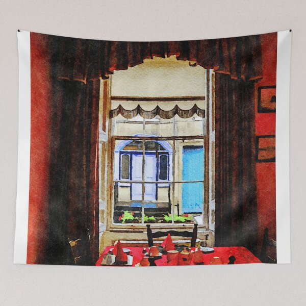 Item preview, Cozy dining room with red table setting and window view designed and sold by GestaltImagery.
