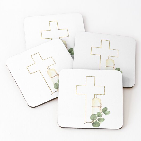 Item preview, Golden Cross with white church candle and green branch. Watercolor painting designed and sold by BartolArt.