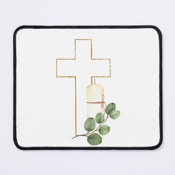 Item preview, Golden Cross with white church candle and green branch. Watercolor painting designed and sold by BartolArt.
