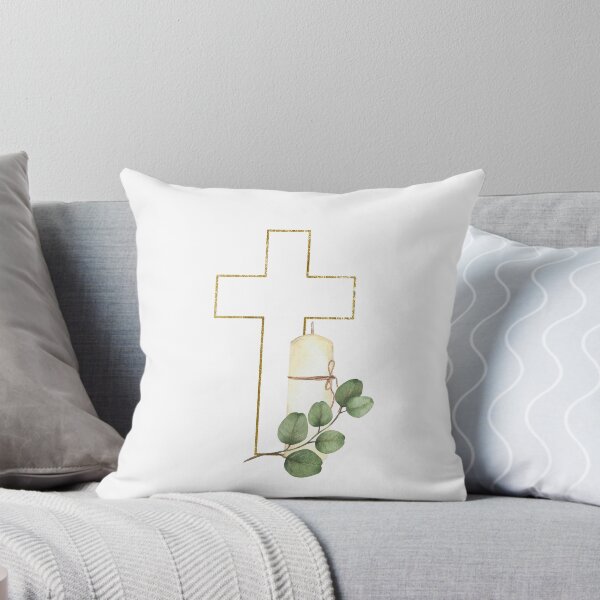 Item preview, Golden Cross with white church candle and green branch. Watercolor painting designed and sold by BartolArt.