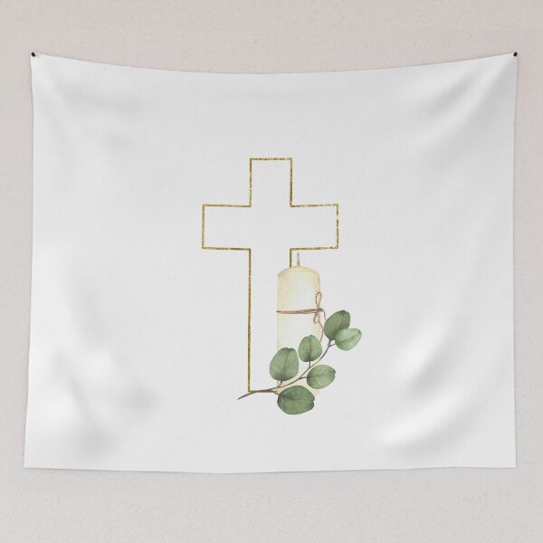 Item preview, Golden Cross with white church candle and green branch. Watercolor painting designed and sold by BartolArt.