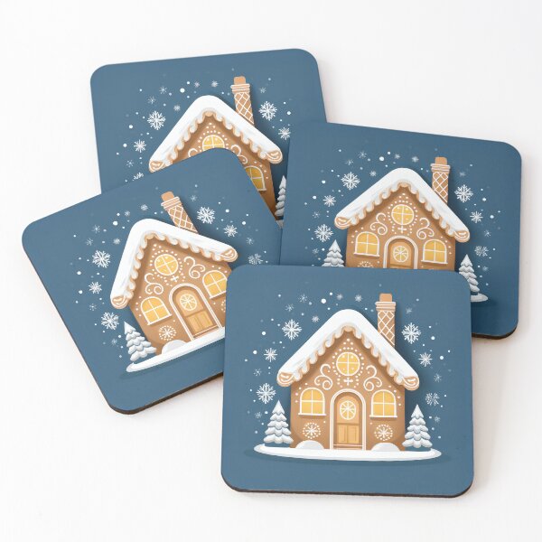 Item preview, A festive gingerbread house with snowflakes swirling around it, lit by Christmas lights. designed and sold by HEMRO.