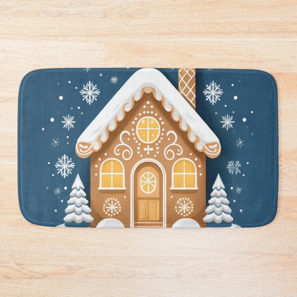 Item preview, A festive gingerbread house with snowflakes swirling around it, lit by Christmas lights. designed and sold by HEMRO.