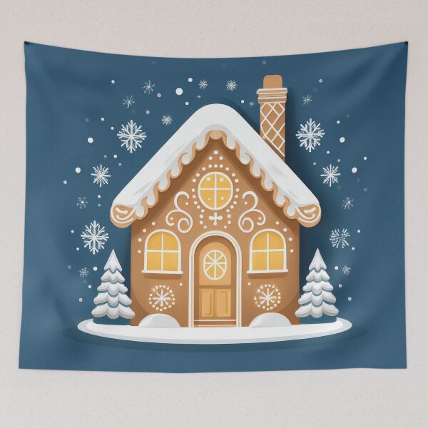 Item preview, A festive gingerbread house with snowflakes swirling around it, lit by Christmas lights. designed and sold by HEMRO.
