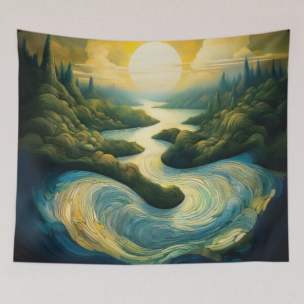 Item preview,  An ethereal landscape with a winding river and floating islands, symbolizing the flow of time. designed and sold by HEMRO.