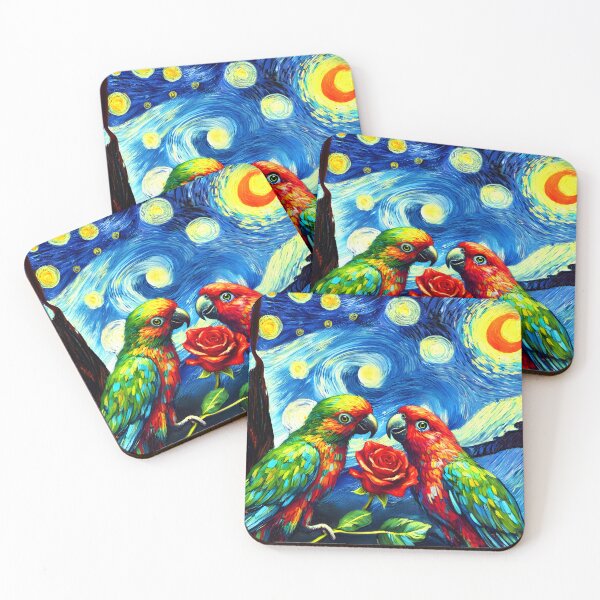 Item preview, Parrots in love infused into Van Gogh's starry night famous painting art designed and sold by EmeraldeaArt.