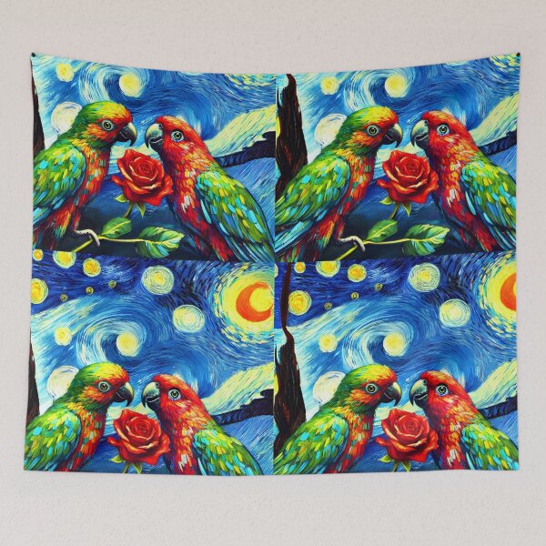 Item preview, Parrots in love infused into Van Gogh's starry night famous painting art designed and sold by EmeraldeaArt.