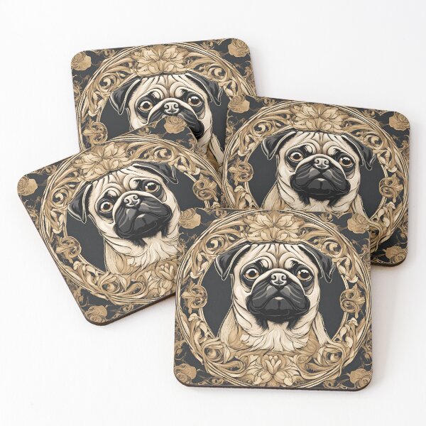 Item preview, Art Nouveau pug dog breed golden floral design designed and sold by LumiLemon.