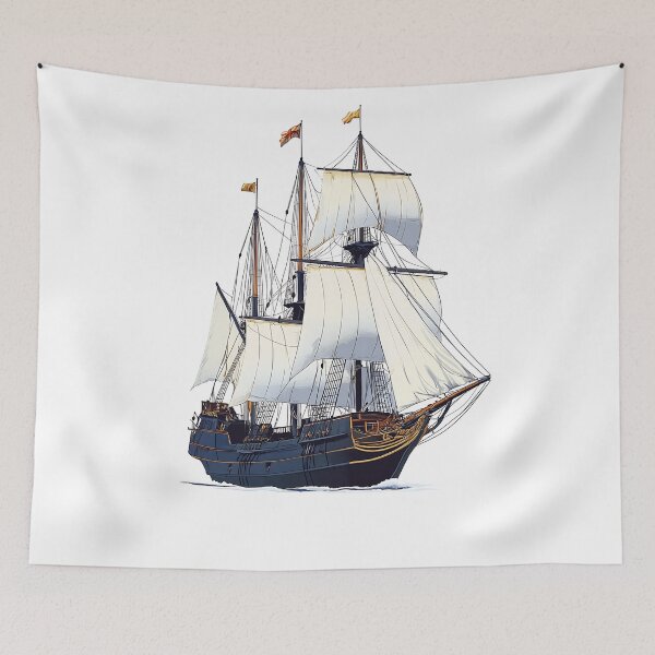 Item preview, Galleon Ship Illustration with White Sails designed and sold by GoldenTealArts.