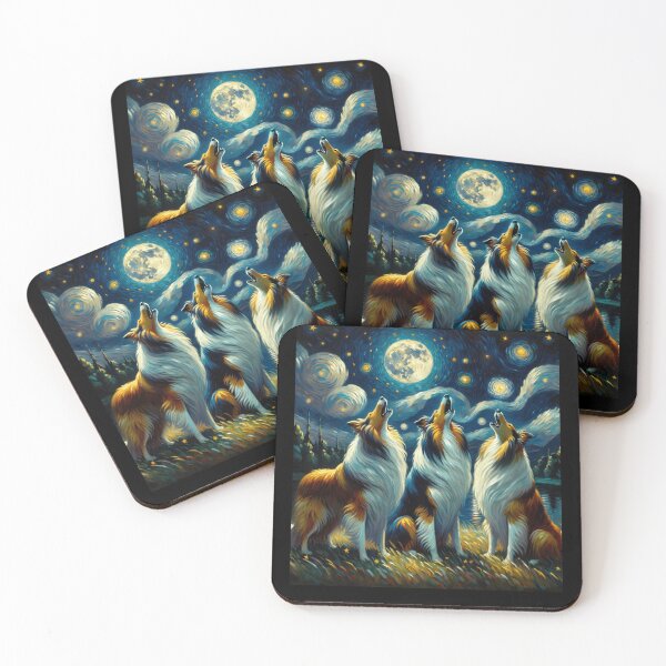 Item preview, Noche estrellada Tres collies aullando a la luna Amante de los perros collie designed and sold by Kimberley King Art  King Art.