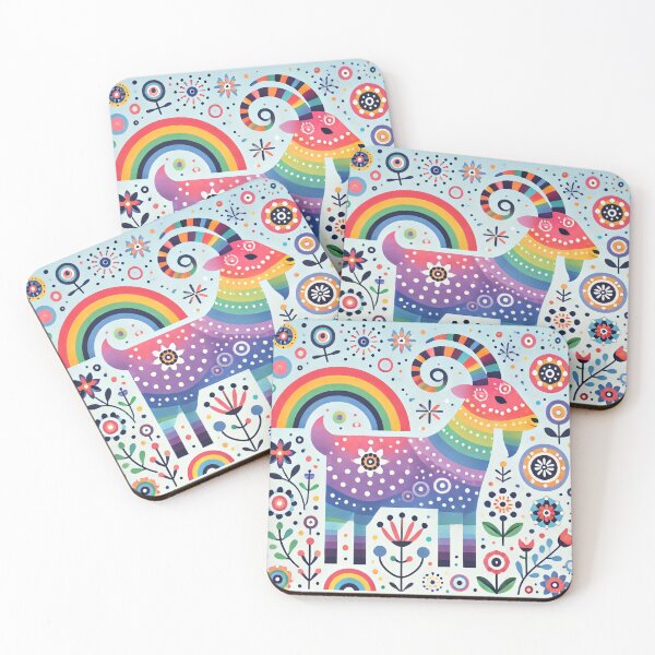 Item preview, Scandinavian Folk Art Rainbow Animals - Cute Colourful Aries Ram Zodiac by heidiannemorris designed and sold by FOLK ART FUSION by heidiannemorris.