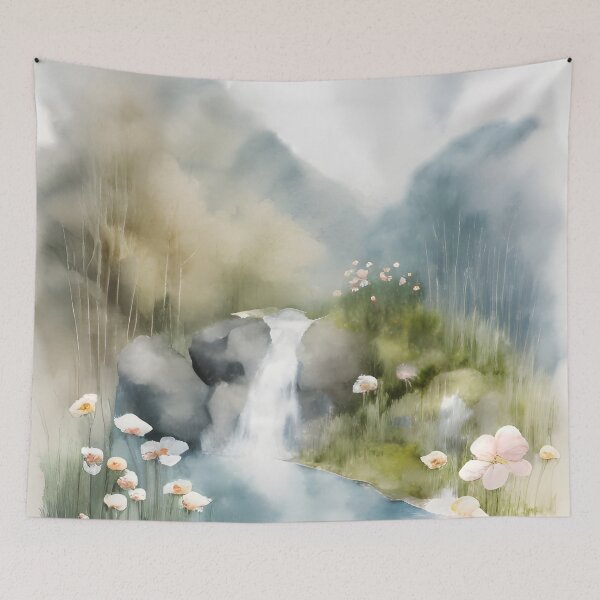 Item preview, Waterfall in Spring Landscape Watercolor Painting | Watercolor Landscape | Watercolor Art | Watercolor Scenery designed and sold by UnhingedBird.