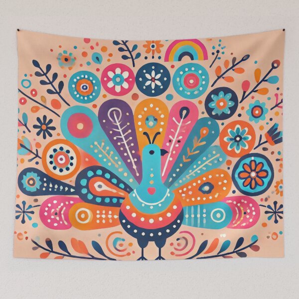 Item preview, Scandinavian Folk Art Rainbow Animals - Cute Colourful Peacock by heidiannemorris designed and sold by FOLK ART FUSION.