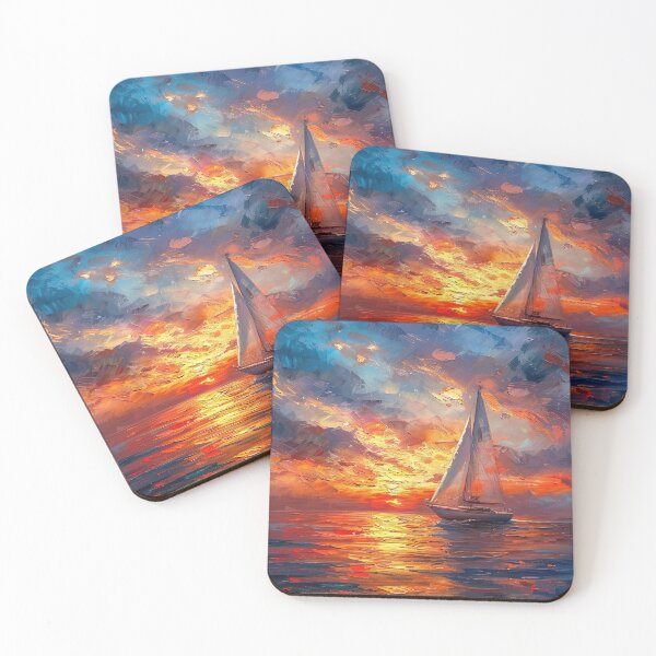 Item preview, Sailing boat in ocean at sunset - Acrylic landscape painting designed and sold by TheArtistOf2022.
