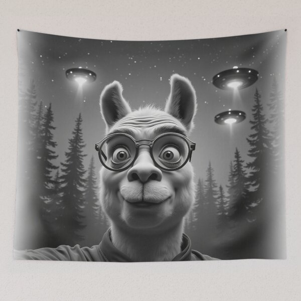 Item preview, Lama UFO Alien Abductions Selfie: A fun and hilarious pattern featuring animals taking selfies with aliens during an unexpected encounter. designed and sold by Grang Art Artistic Designs.