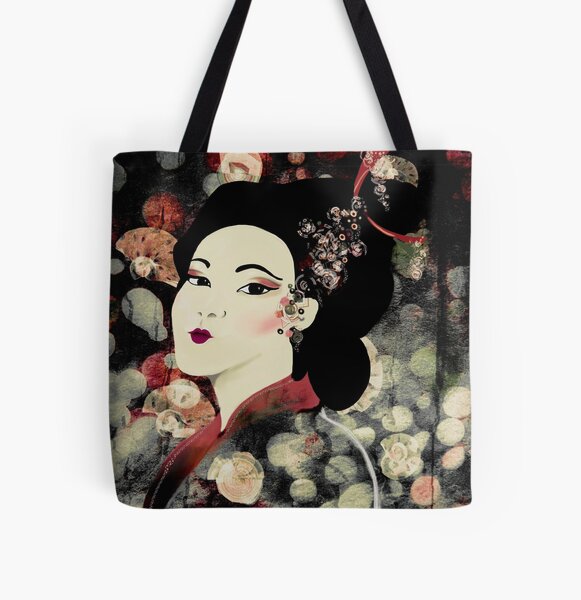 Geisha Print on Abstract Background All Over Print Tote Bag