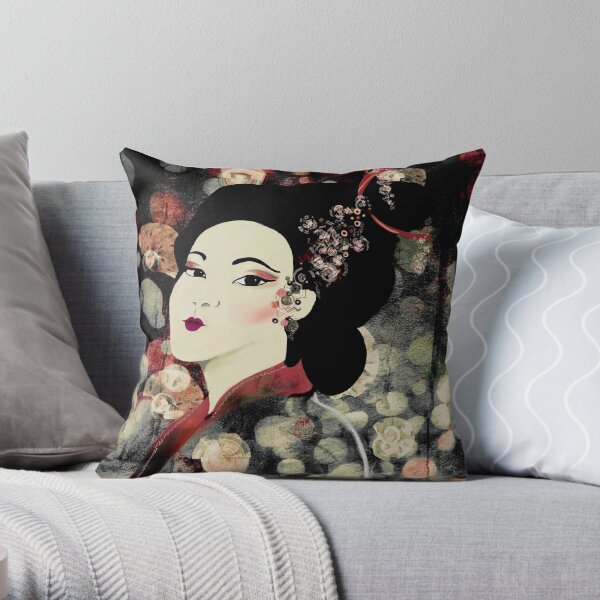 Geisha Print on Abstract Background Throw Pillow