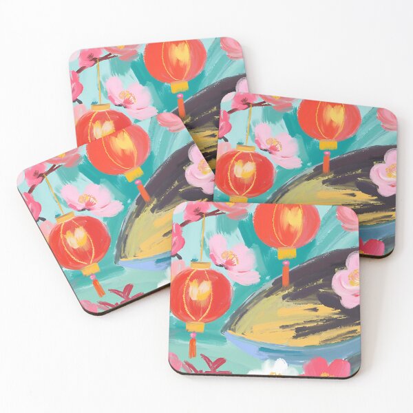 Item preview, Lunar New Year Serenity: Vibrant Red Lanterns and Blossoms by the Blue-Green Pond designed and sold by InspiredCreatives.