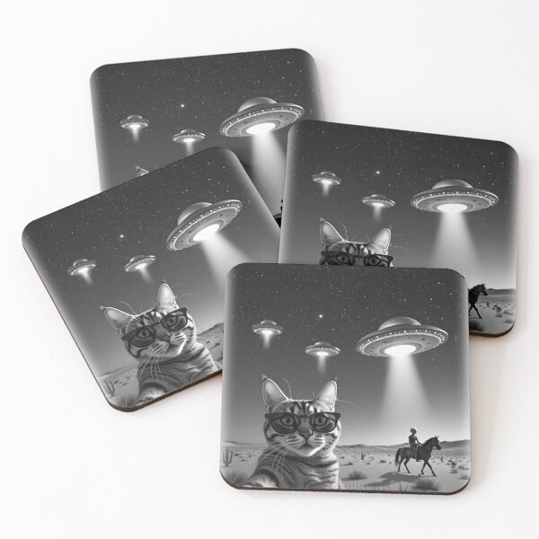 Item preview, Cool Tabby Cat UFO Alien on Horseback Animal Selfie: A fun and hilarious pattern featuring animals taking selfies with aliens during an unexpected encounter. designed and sold by Grang Art Artistic Designs.