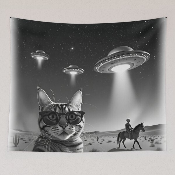Item preview, Cool Tabby Cat UFO Alien on Horseback Animal Selfie: A fun and hilarious pattern featuring animals taking selfies with aliens during an unexpected encounter. designed and sold by Grang Art Artistic Designs.