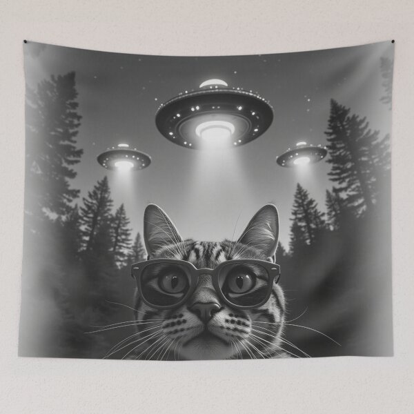 Item preview, Cool Tabby Cat UFO Animal Selfie: A fun and hilarious pattern featuring animals taking selfies with aliens during an unexpected encounter. designed and sold by Grang Art Artistic Designs.