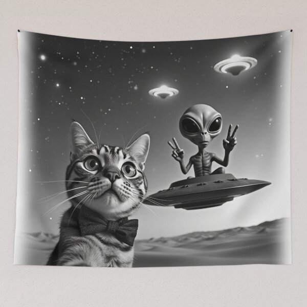 Item preview, Chilled Tabby Cat UFO Alien Abduction Animal Selfie: A fun and hilarious pattern featuring animals taking selfies with aliens during an unexpected encounter. designed and sold by Grang Art Artistic Designs.