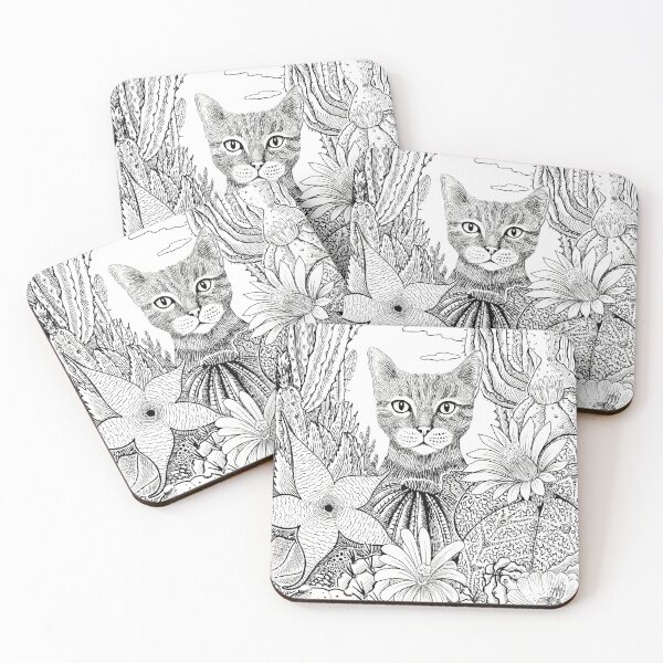 Item preview, Cat & Cacti (B&W version) designed and sold by SpaceCatVisions.