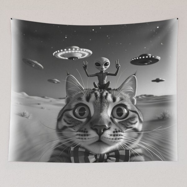 Item preview, Cool Tabby Cat UFO With Alien Abduction Animal Selfie: A fun and hilarious pattern featuring animals taking selfies with aliens during an unexpected encounter. designed and sold by Grang Art Artistic Designs.