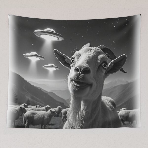 Item preview, Chilled Goat UFO Animal Selfie: A fun and hilarious pattern featuring animals taking selfies with aliens during an unexpected encounter. designed and sold by Grang Art Artistic Designs.