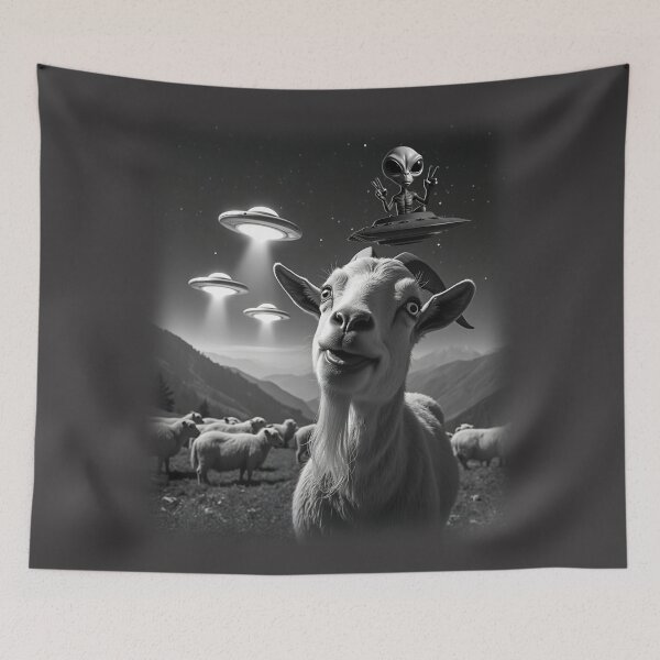 Item preview, Cool Goat UFO Alien Abduction Animal Selfie: A fun and hilarious pattern featuring animals taking selfies with aliens during an unexpected encounter. designed and sold by Grang Art Artistic Designs.