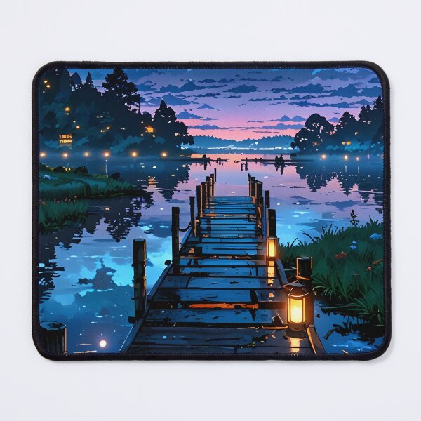 Item preview, Night Landscape with Lake and Illuminated Docks in Anime Style designed and sold by Landscape-Anime.