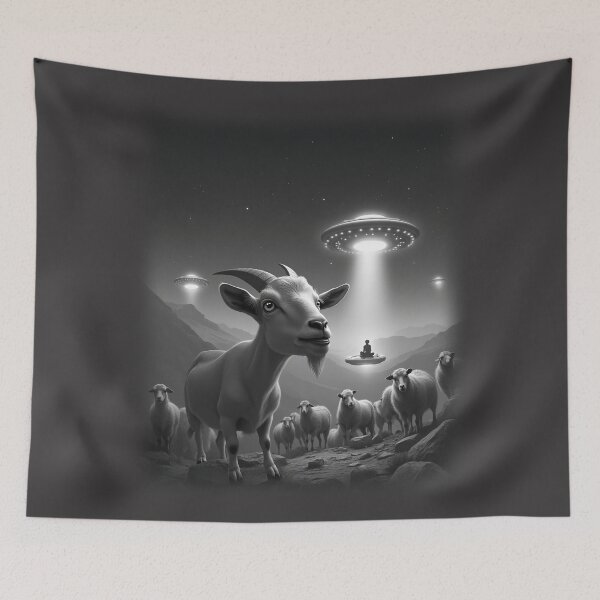 Item preview, Chilled Goat with Sheep UFO Alien Abduction Animal Selfie: A fun and hilarious pattern featuring animals taking selfies with aliens during an unexpected encounter. designed and sold by Grang Art Artistic Designs.