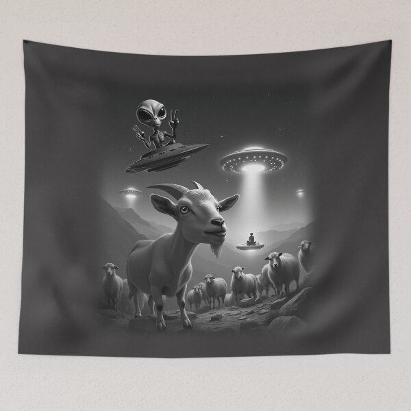 Item preview, Cool Alien with Goat UFO Animal Selfie: A fun and hilarious pattern featuring animals taking selfies with aliens during an unexpected encounter. designed and sold by Grang Art Artistic Designs.