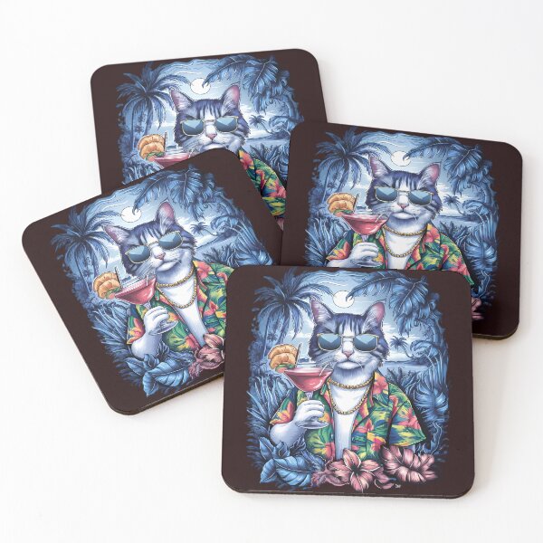 Item preview, Tropical Cool Cat in Sunglasses with Cocktail and Palm Trees designed and sold by NileNova.